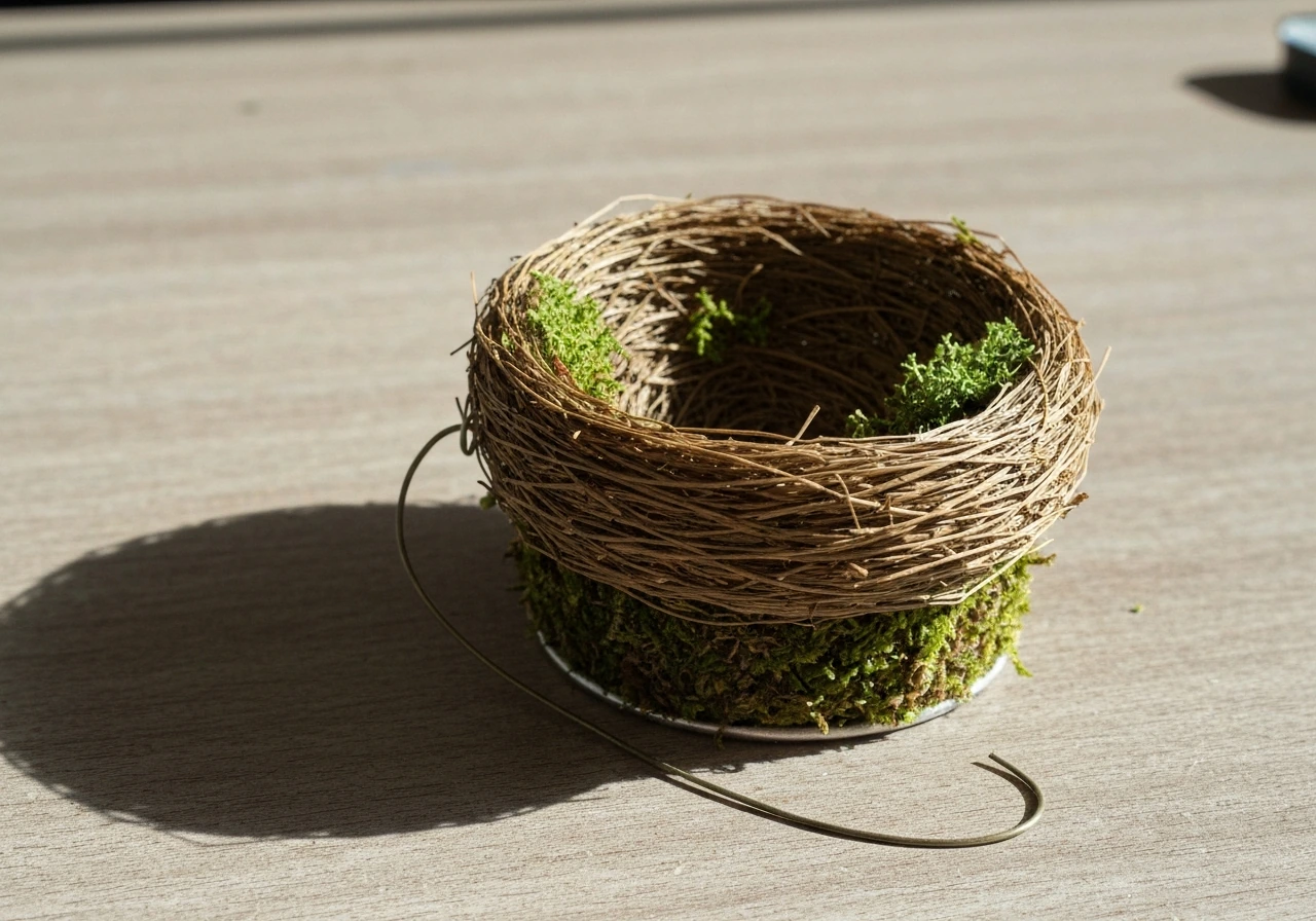Close-up of a dried nest with moss, showing floral wire looped through the base for hanging.