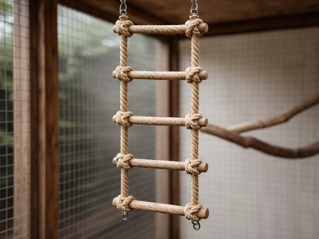 DIY bird rope ladder in an aviary with sisal ropes and wooden knot rungs