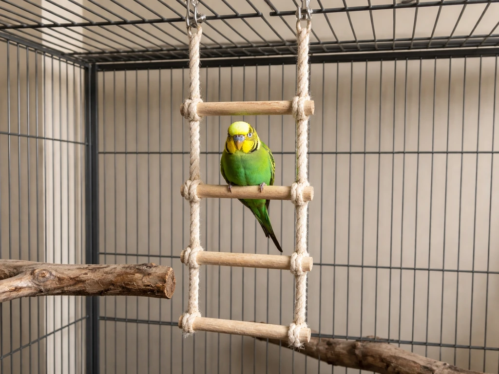 A parakeet climbs a rope ladder inside a spacious indoor wire aviary.