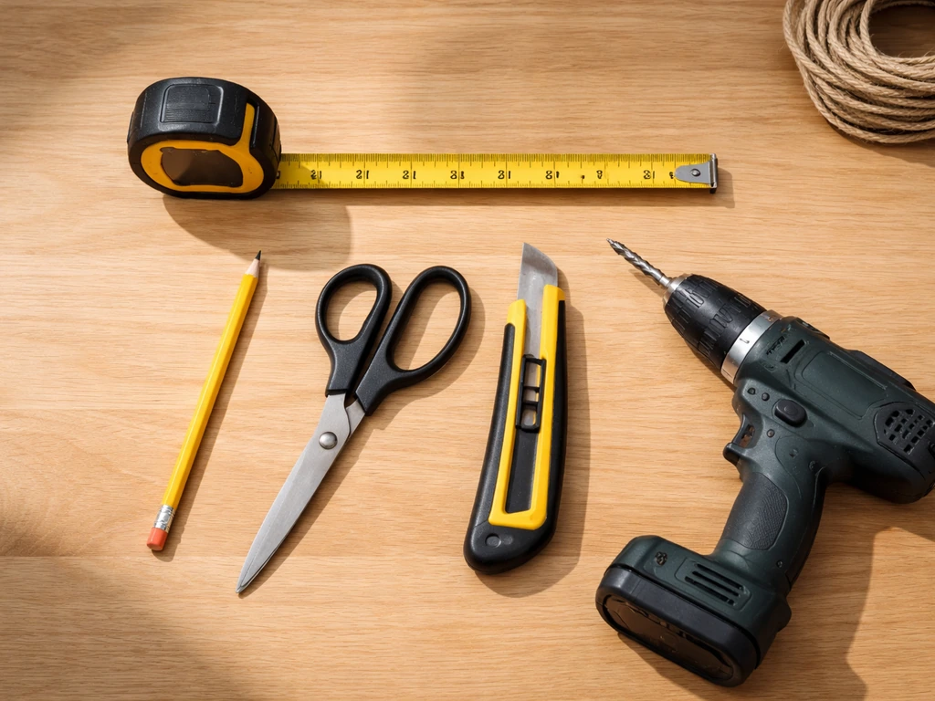 Top-down view of a measuring tape, pencil, scissors, utility knife, and drill staged on a workbench for a rope ladder bu