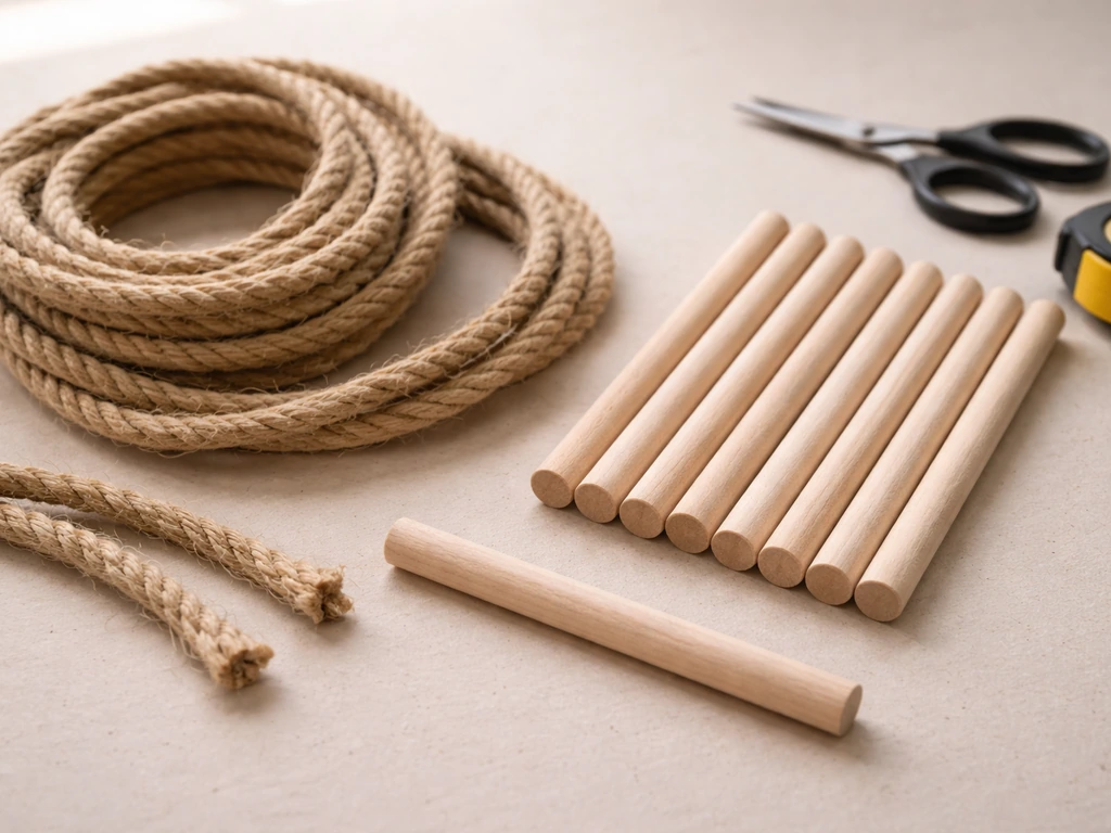 Sisal rope cut lengths and wooden dowels staged on a worktable, ready for prepping steps.