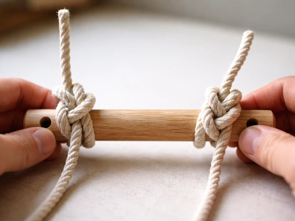 Close-up of a figure-eight knot securing a rope to a wooden dowel rung on both sides.
