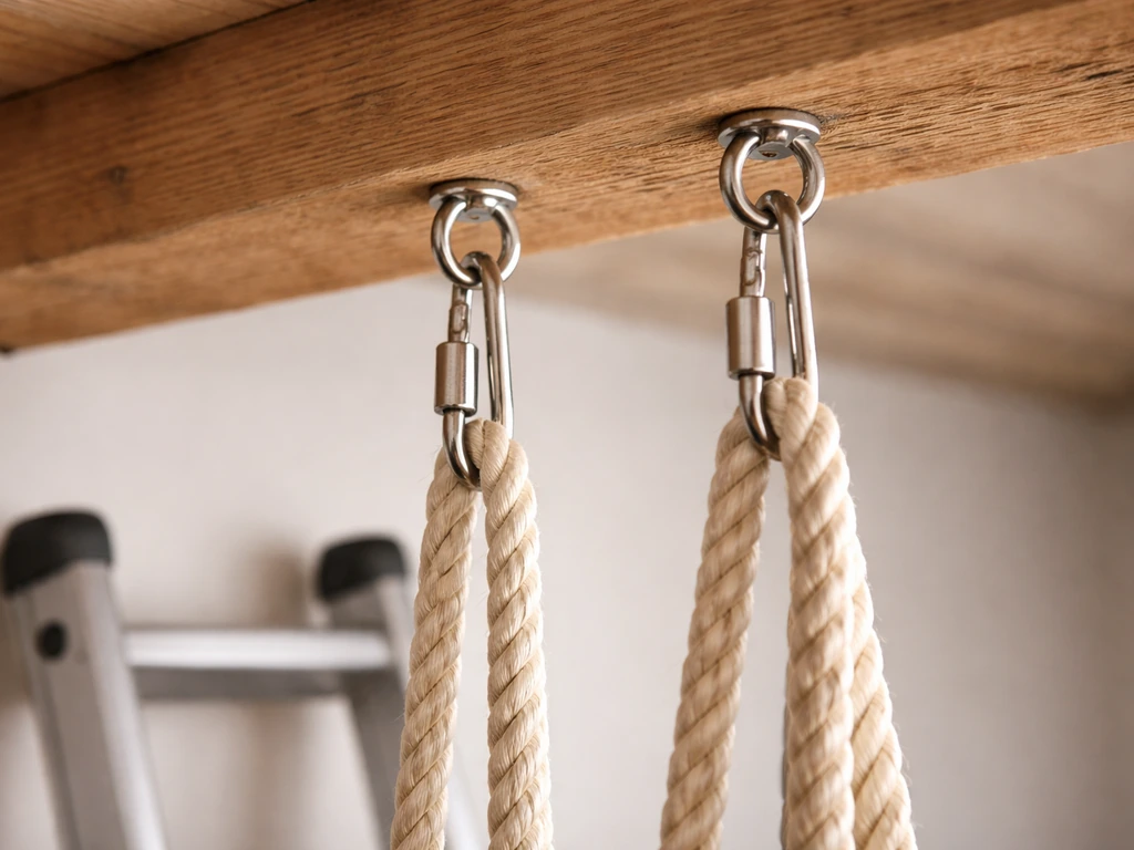 Stainless steel eye bolts with rope loops securely anchored to a sturdy beam near a ladder