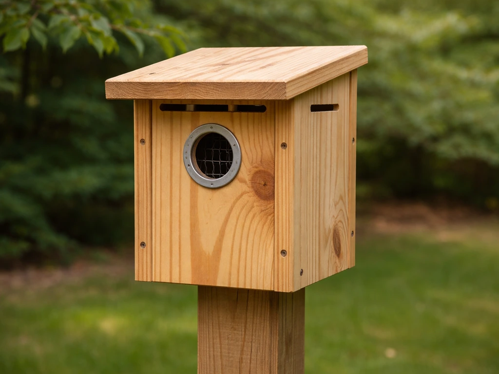 Completed wooden bird roosting box mounted on a post outdoors with open entrance and ventilation gaps visible.