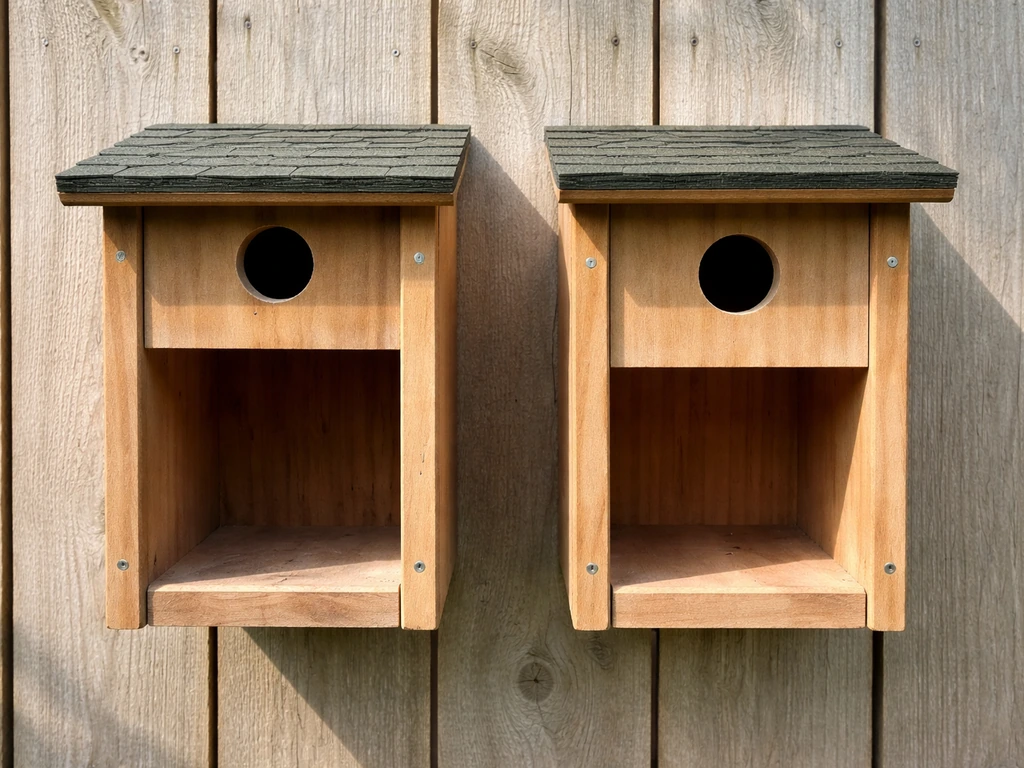 Close-up of a roosting box and a nesting box side by side on a wall, showing different entrances