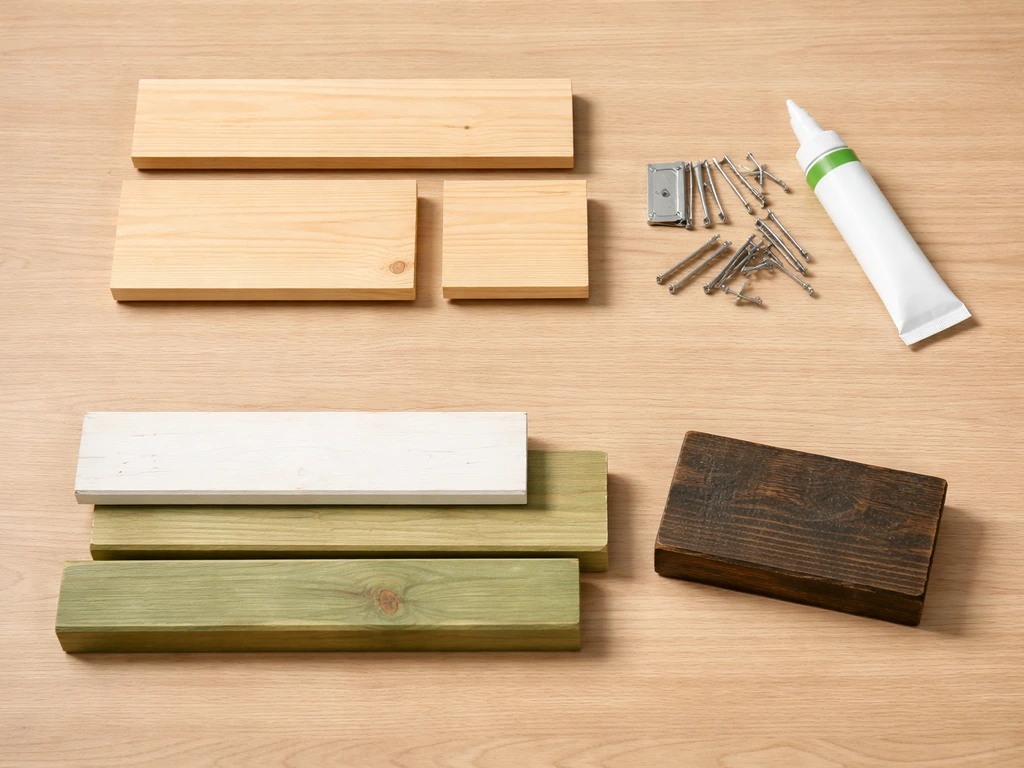 Top-down view of wooden and metal materials for a bird roosting box, with safe vs unsafe items separated