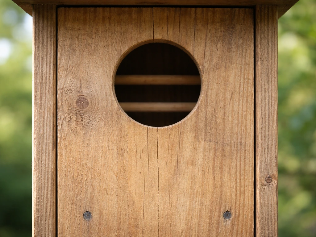 Close-up of a wooden birdhouse entrance hole with interior perch dowels and no exterior perch below
