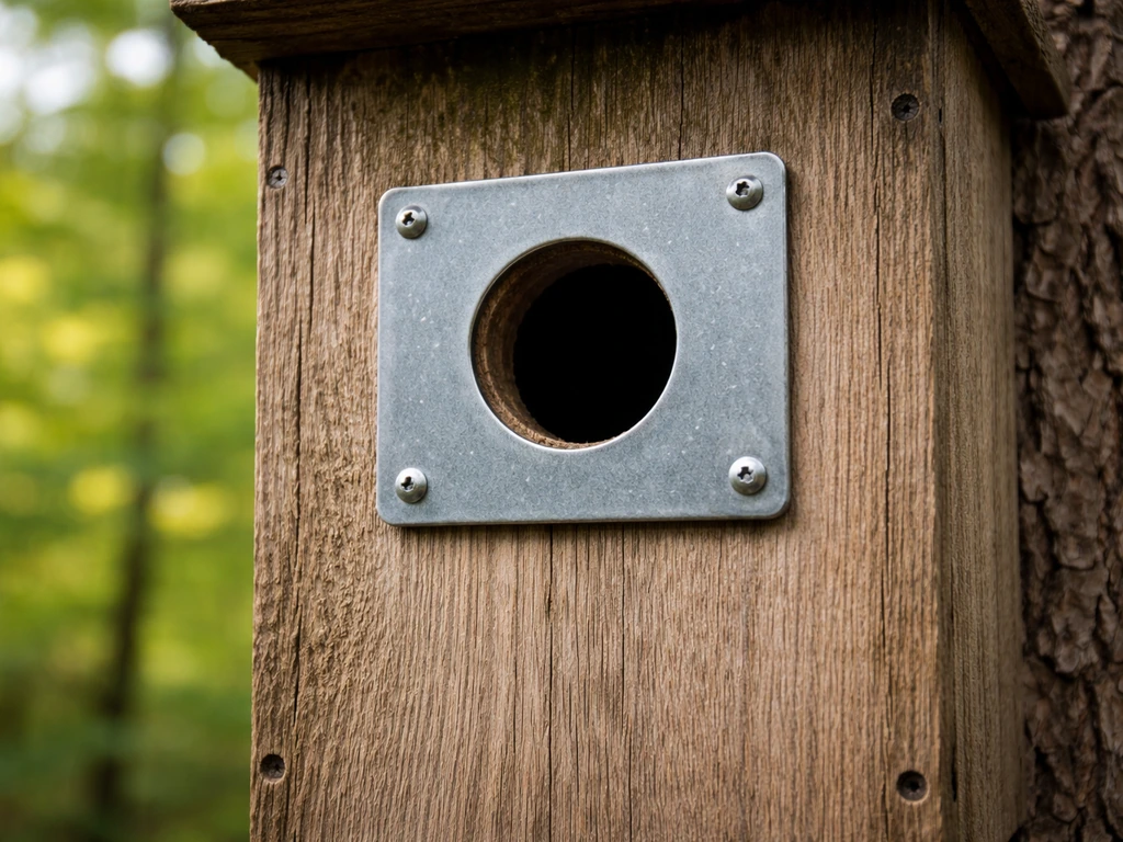 Tree-mounted roosting box entrance with a metal predator guard barrier blocking access.