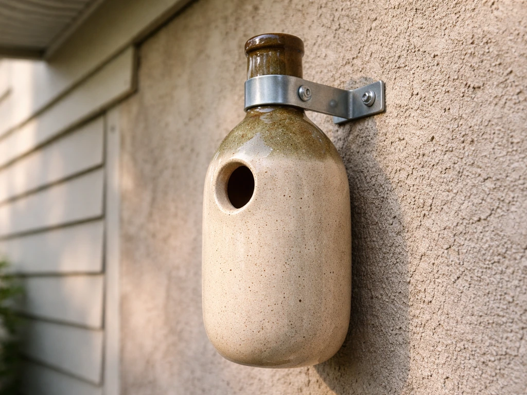 Safely mounted Williamsburg bird bottle on an exterior wall under shelter, showing mounting hardware and entry hole.