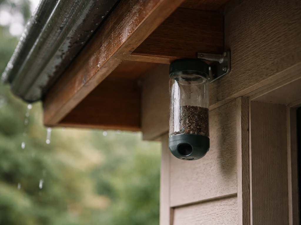 Wildlife bottle mounted under a porch eave, protected from driving rain by the roof overhang.