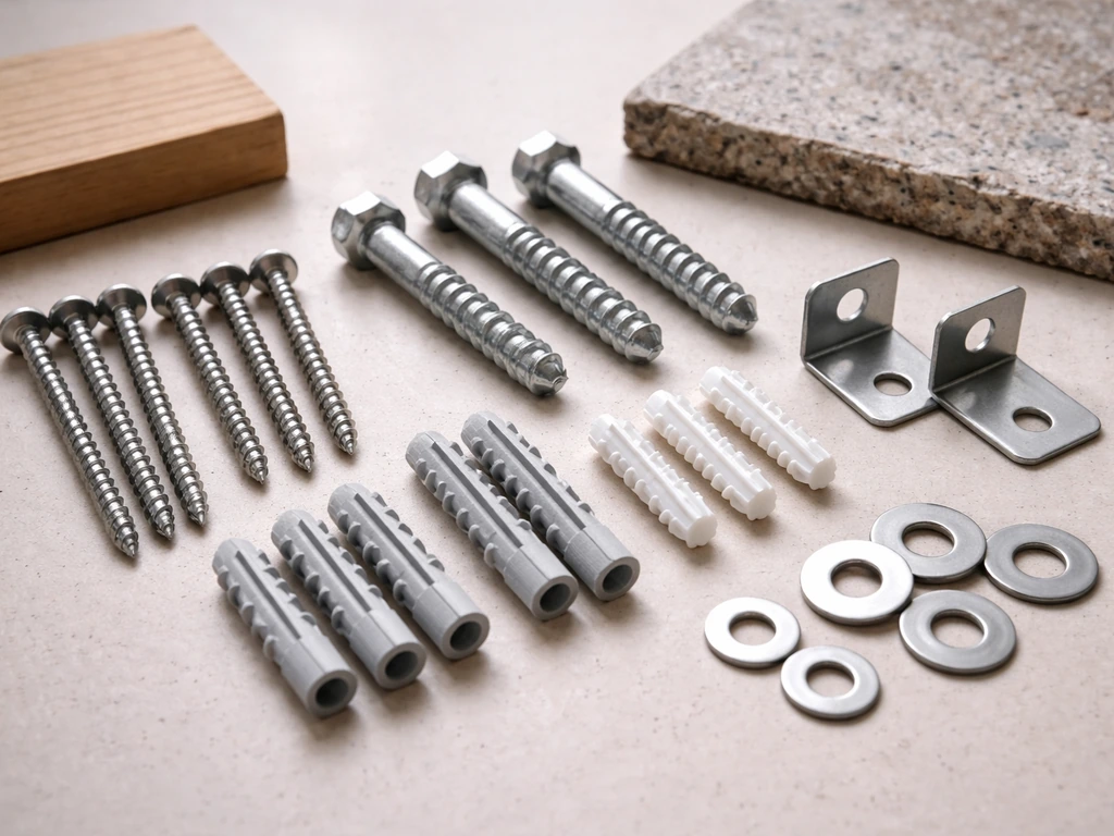 Rust-resistant stainless screws and galvanized anchors laid out beside wood and ceramic surface samples.