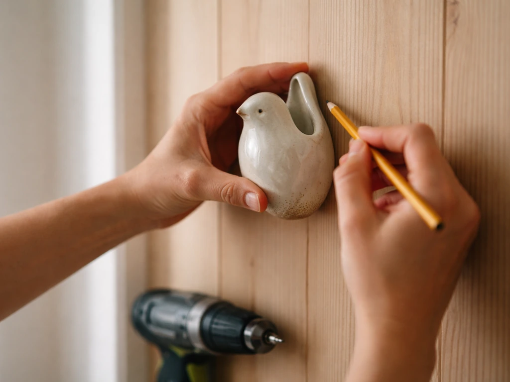 Hands hold a Williamsburg-style bird bottle against a wooden wall while marking the mount point with a pencil.