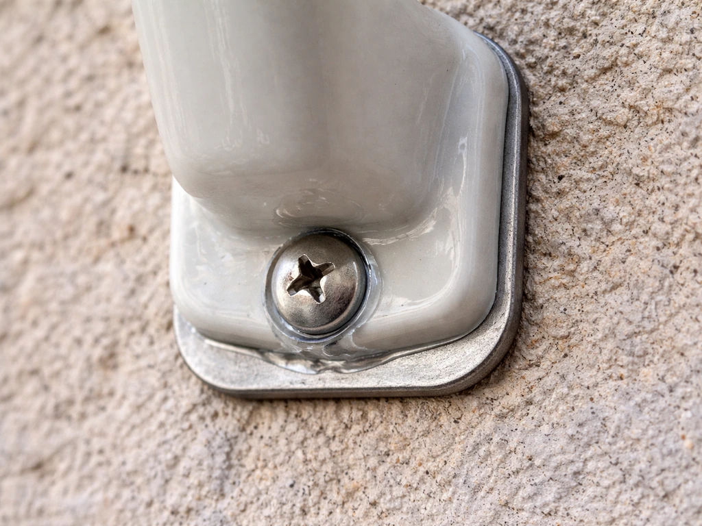Close-up of an outdoor ceramic mount bracket with a screw connection sealed against weather and wobble.
