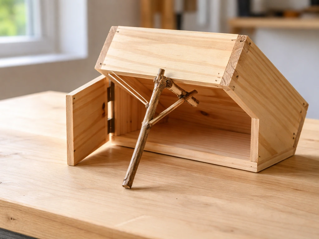 Close-up of a small wooden crate propped-box trap with a stick prop and visible trigger area on a bench.