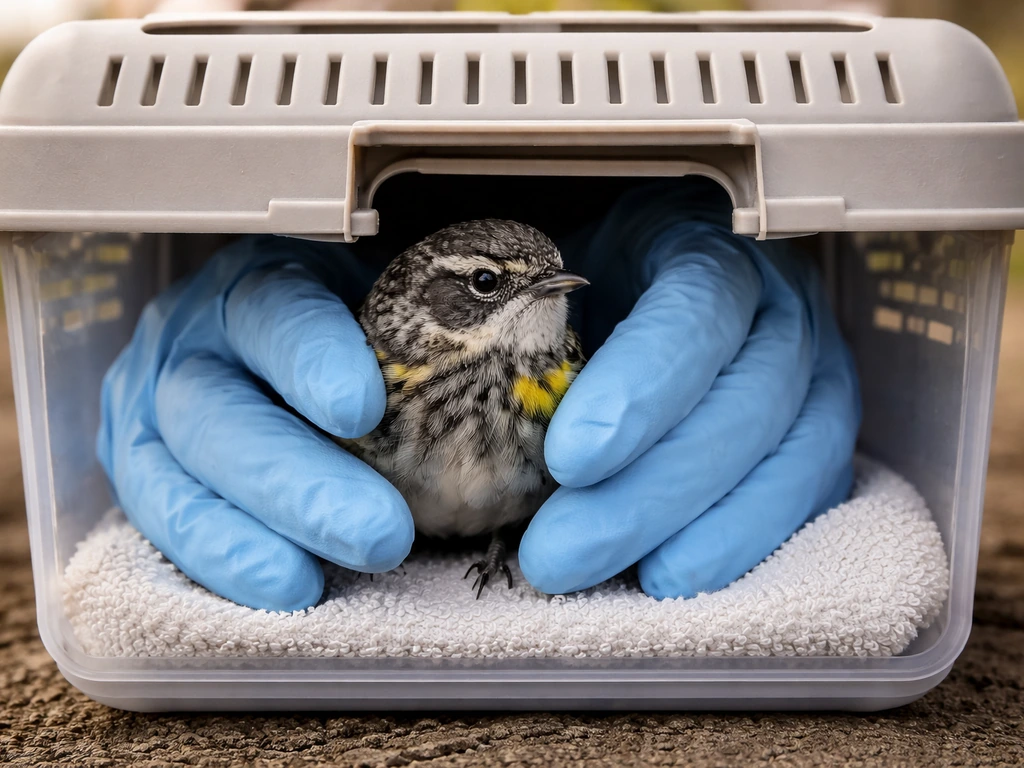 Gloved hands gently lower a small bird into a covered container for safe humane release