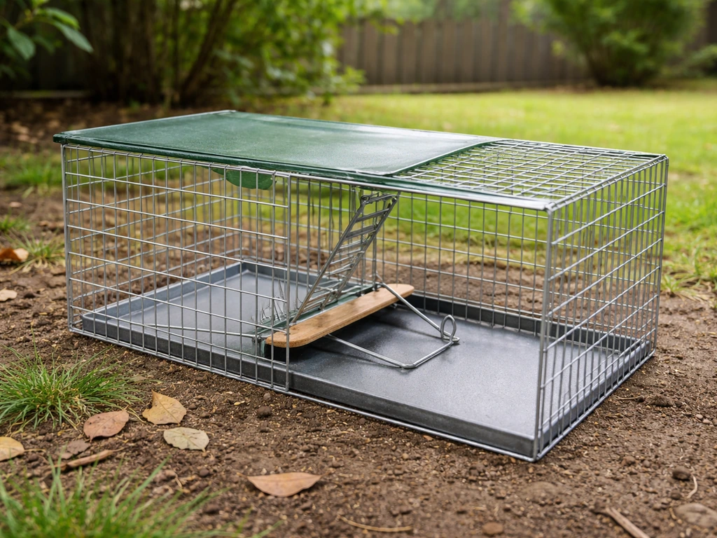 Humane automatic live-capture bird trap with visible treadle and drop door in a quiet backyard, no bird inside.