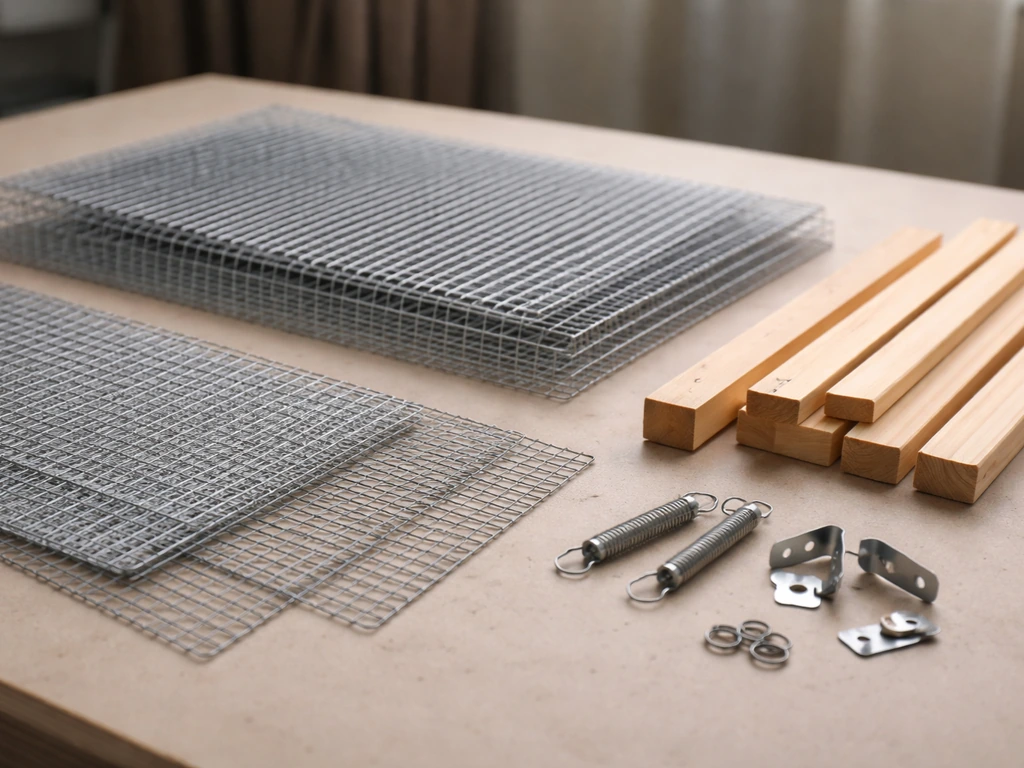 Galvanized wire mesh, hardware cloth, and timber pieces laid on a workbench for building a cage trap.