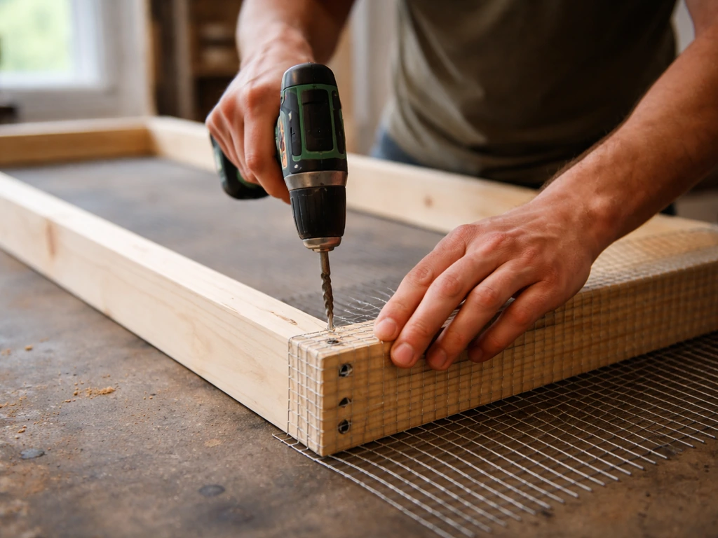 Hands assembling a rectangular wooden frame with hardware cloth on a workbench, trap enclosure taking shape.