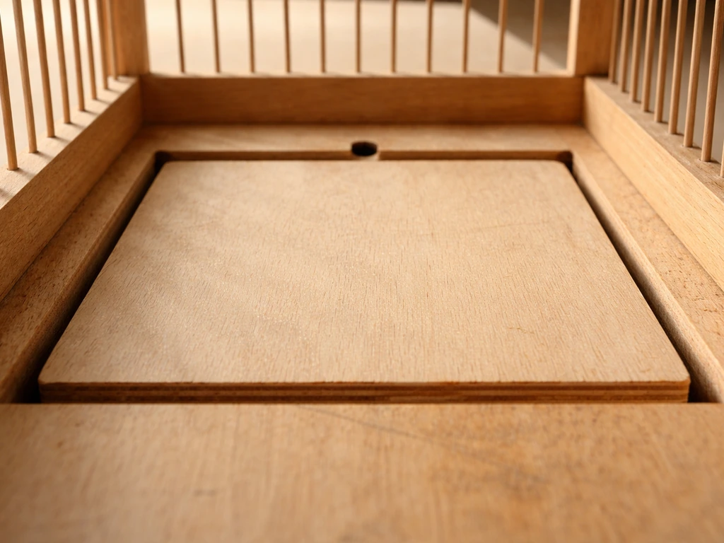Close-up of a plywood treadle plate fitted in a cage floor, showing small clearance gaps and pivot point.
