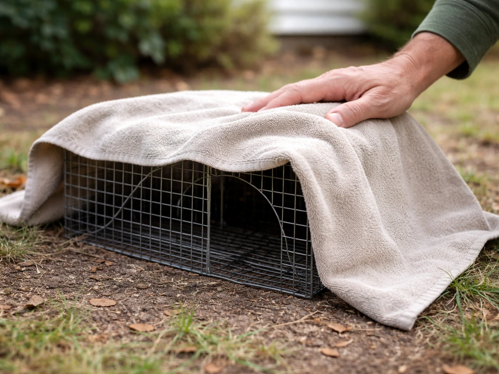 A light towel covers a small live-catch trap while a person calmly prepares for a humane release.