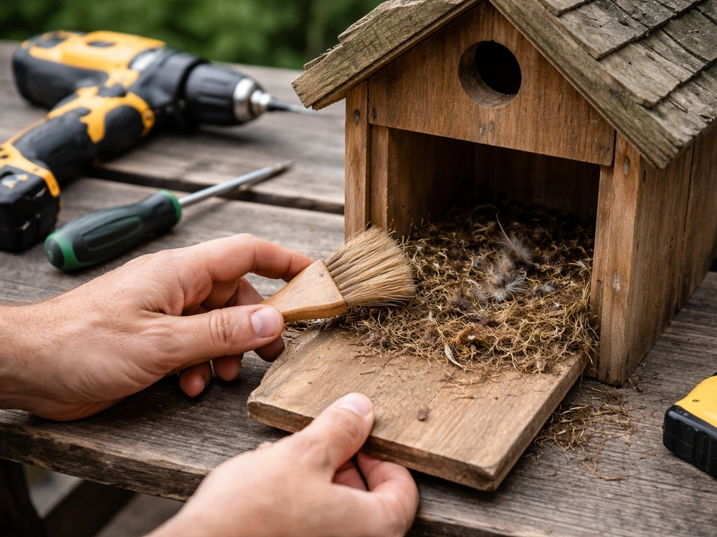 Hands cleaning a small birdhouse access panel, inspecting for wear with simple tools