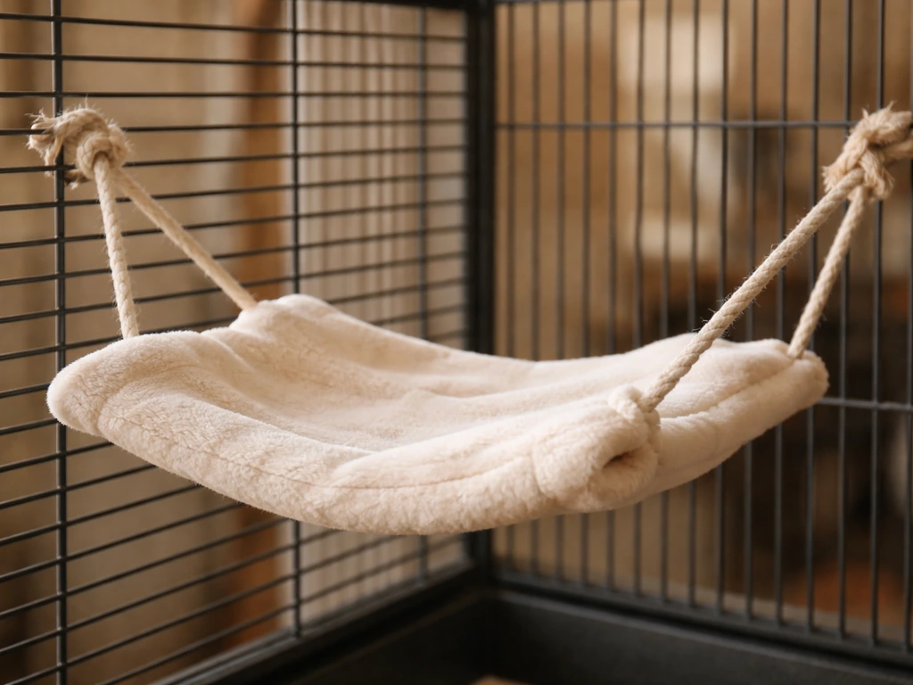A suspended fabric bird hammock inside an aviary cage, with ropes and secure attachment points.
