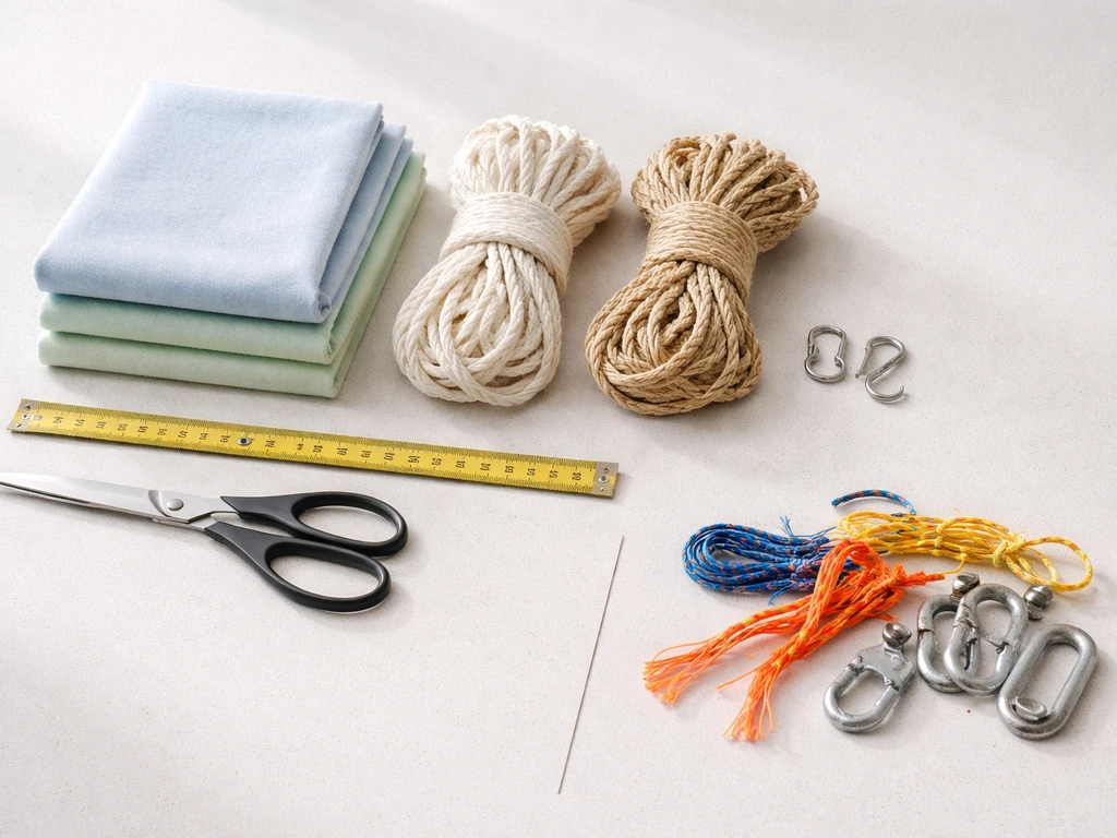 Flat-lay of fleece, natural rope, hooks, scissors, with separate avoid area of nylon rope and galvanized hardware.