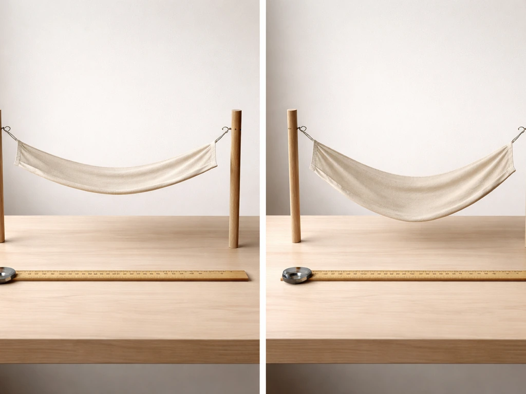 Yardstick measuring a fabric hammock panel sagging over two different hanging heights