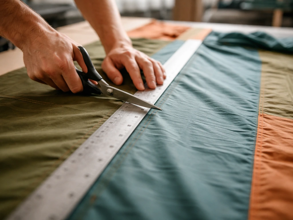 Hands cutting hammock fabric straight on a table with a ruler and scissors.