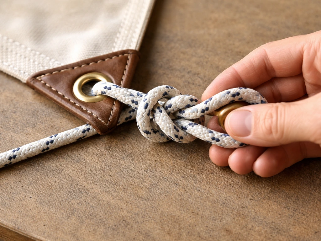Hands tie a figure-eight stopper knot on a rope threaded through a corner hole, with a ready loop at the end.