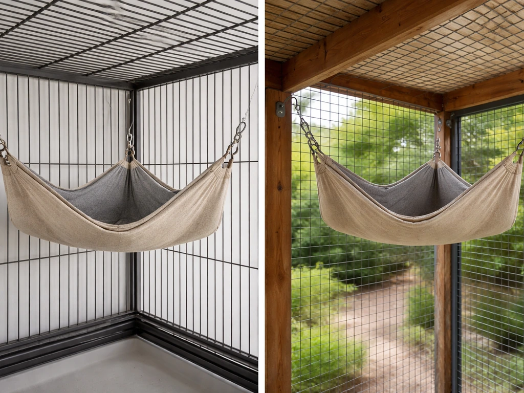 Indoor cage quick-links on bars contrasted with a sheltered outdoor aviary hammock installation.