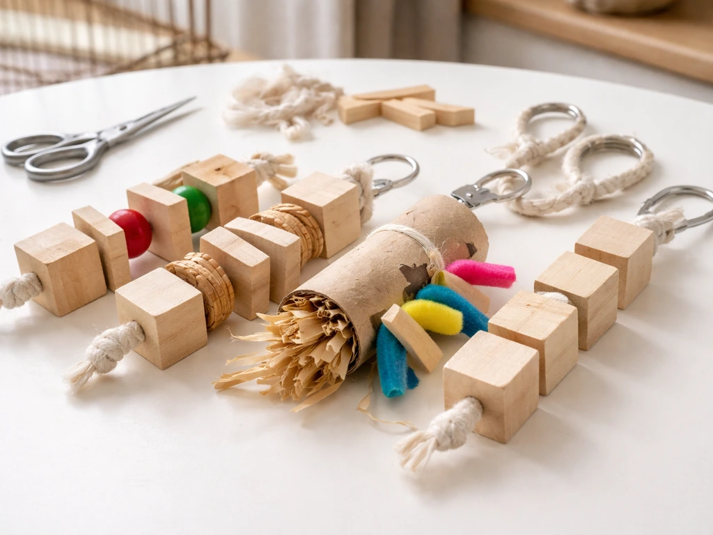 Homemade parrot toys made from untreated wood blocks and a foraging roll, ready to hang in a cage.