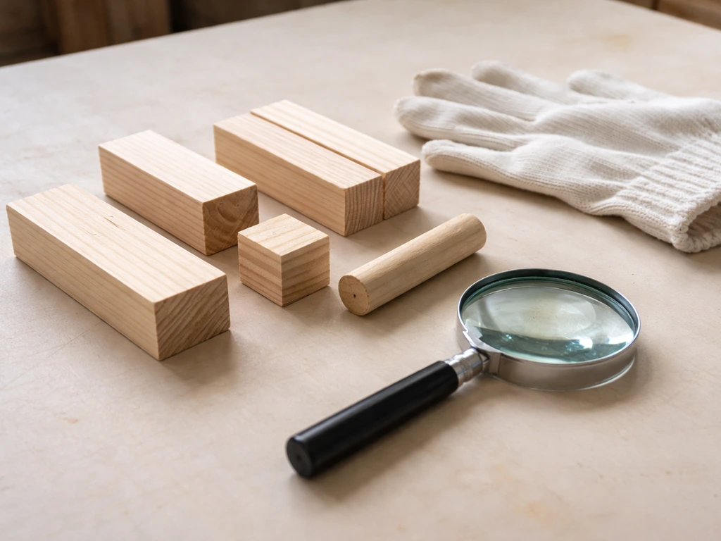 Untreated wooden blocks on a clean workbench with a magnifying glass checking for paint or varnish