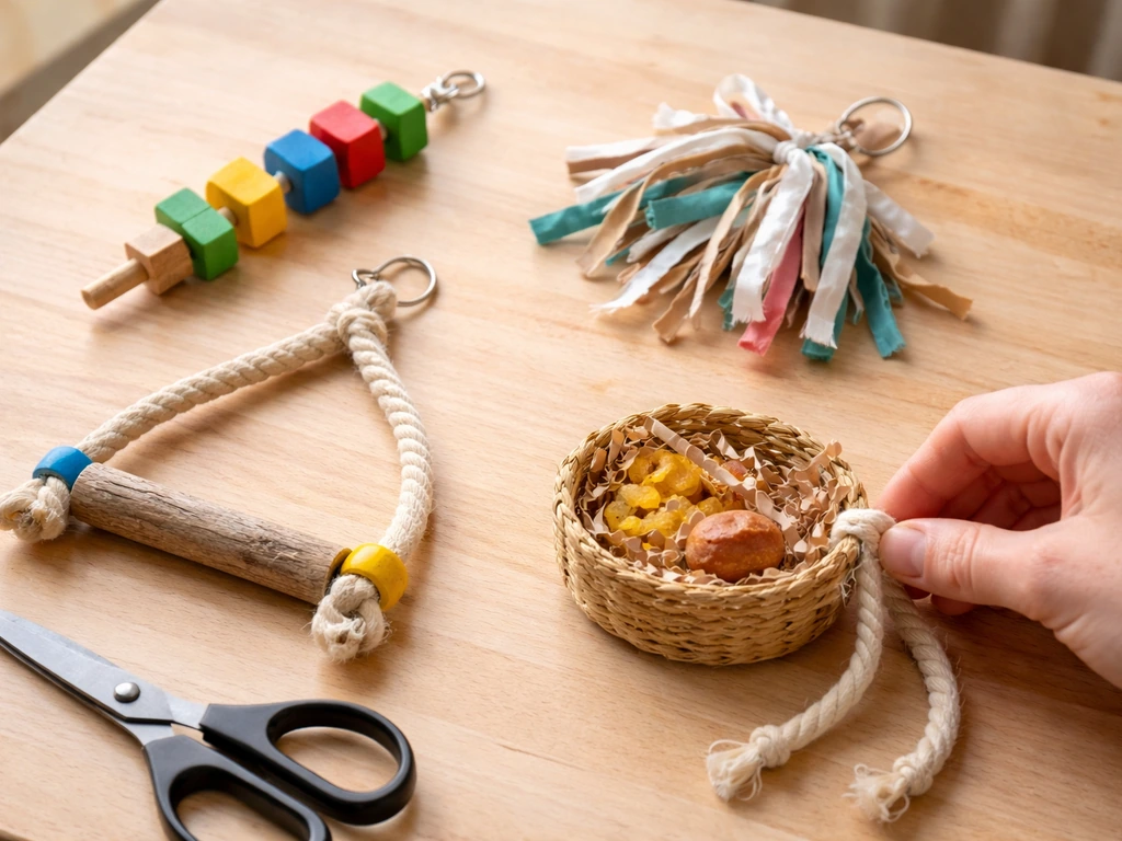 Hand assembling parrot DIY toy examples—chew skewer, shred bundle, perch swing, and forage item on a workbench