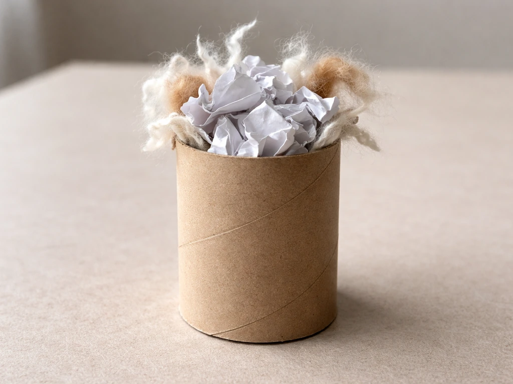 Close-up of a toilet-roll inner packed with crumpled plain paper and safe fibers ready for birds to shred