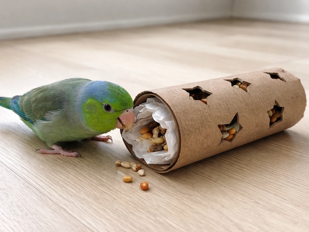 Small parrot foraging from a DIY cardboard roll with food hidden inside