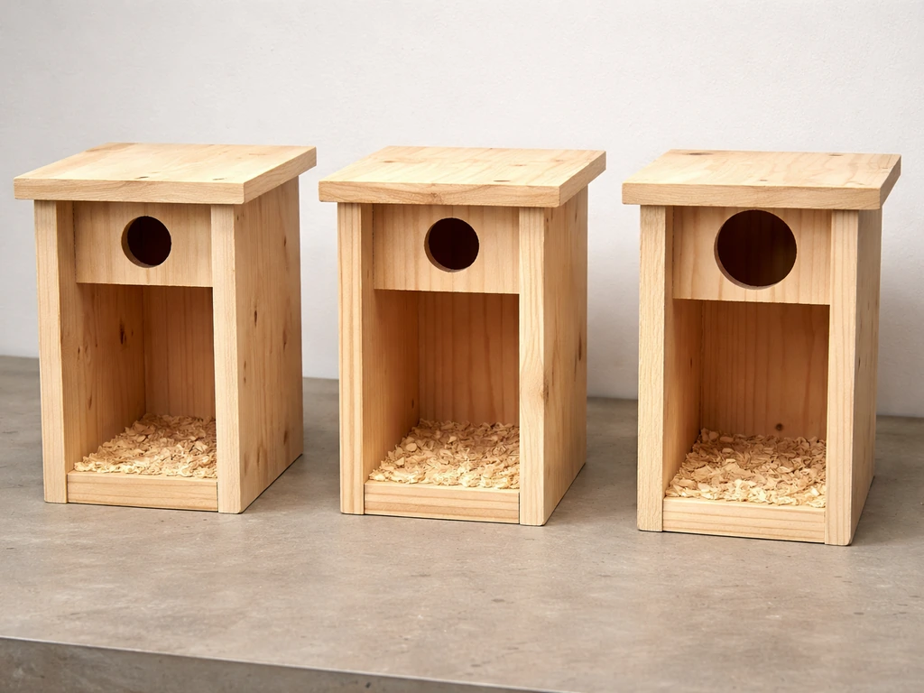 Minimal photo-style cutaway view of three birdhouse box types with different entrance sizes and cavity depths