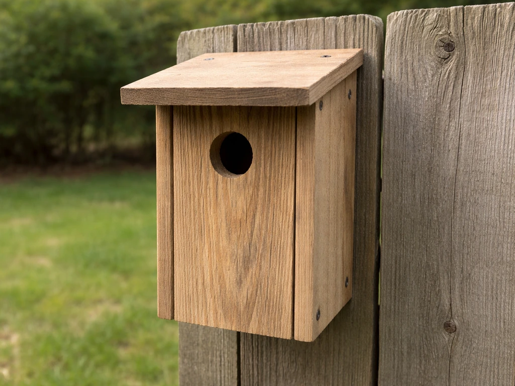 Finished eastern bluebird nest box mounted outdoors with visible entrance hole and roof overhang.