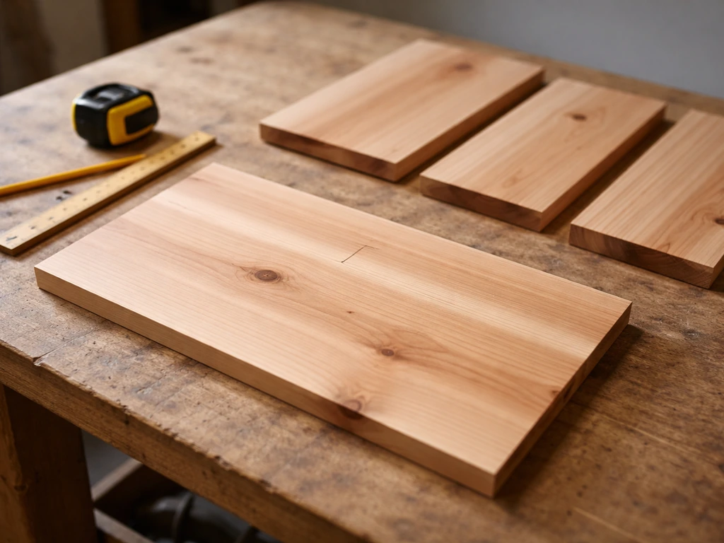 Cedar panels on a workbench with a front panel showing a measured entrance-hole center mark.
