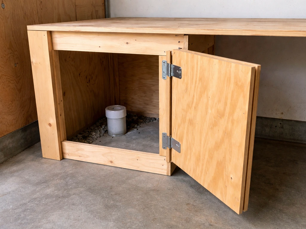 Open side panel cleanout door with visible hinge/pivot screw mechanism on a small enclosure.