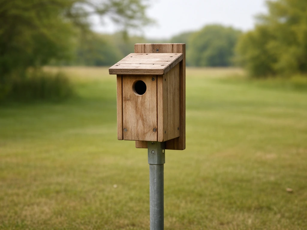 Bluebird nest box mounted on a metal fence post above short grass in an open field