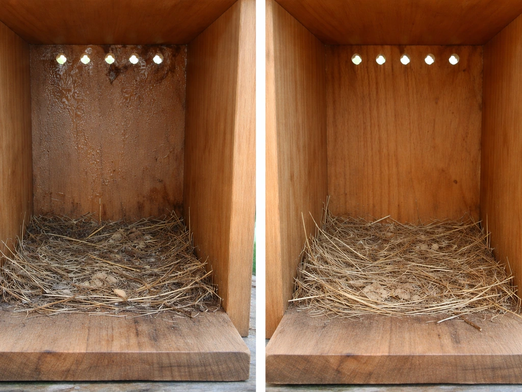 Birdhouse with blocked ventilation holes causing condensation compared to clear dry ventilation holes