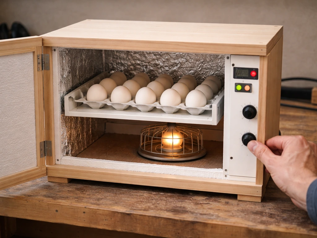Open DIY bird egg incubator with eggs on a turning rack and visible heat and humidity controls.