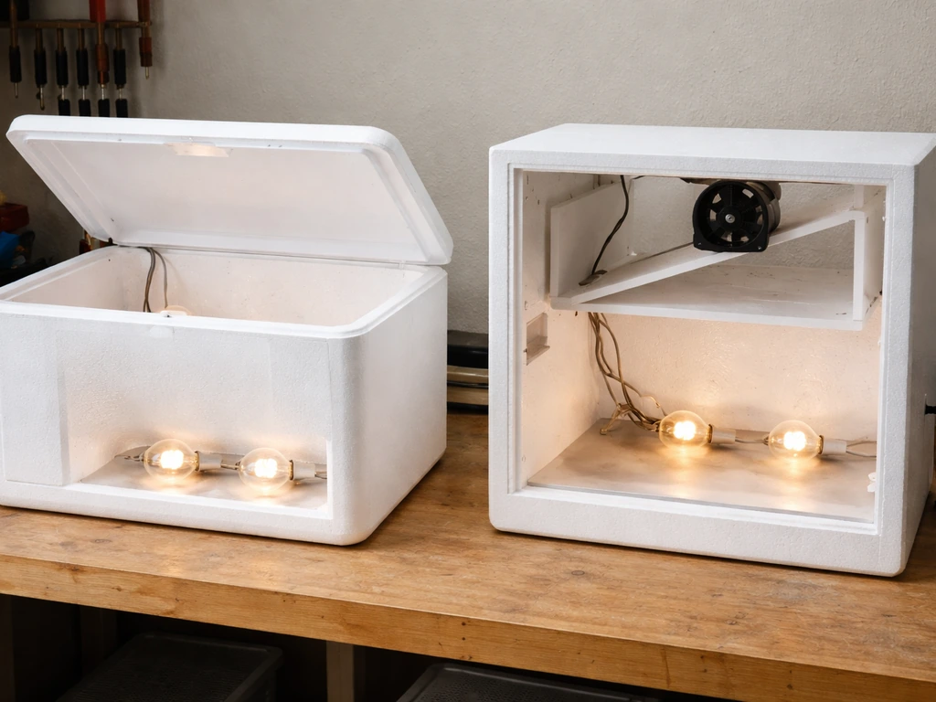 Side-by-side still-air and forced-air homemade egg incubator setups, showing a fan on the forced-air side.
