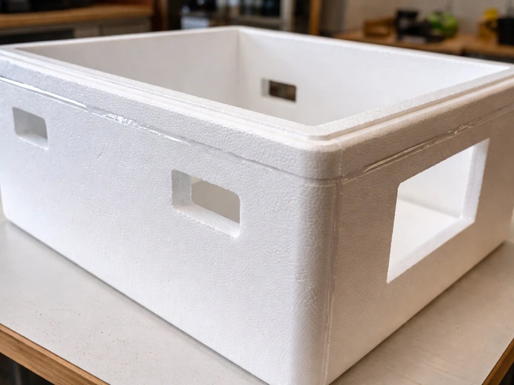 Close-up of a styrofoam cooler shell with ventilation openings and sealed seams on a workbench.