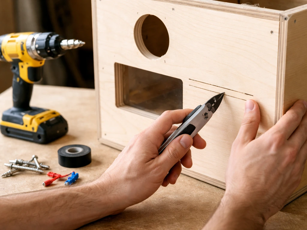 Hands cutting ventilation holes and mounting hardware on an incubator cabinet with a drill nearby