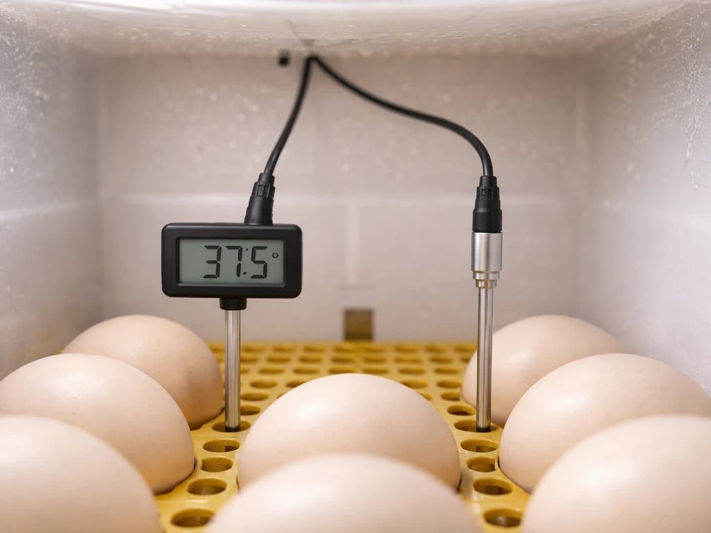 Incubator chamber with an independent digital thermometer probe at egg level beside the built-in thermostat probe.