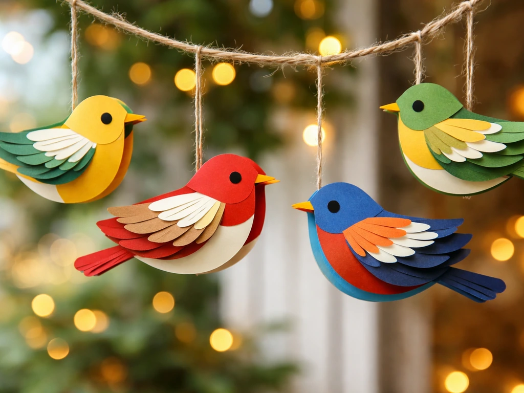 Layered 3D paper birds hanging on twine garland in a bright holiday setting.