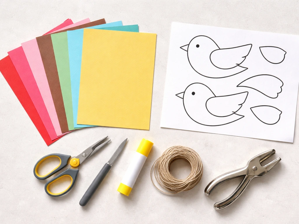 Cardstock, printed bird template, scissors, glue, twine, and hole punch neatly arranged for bird ornaments.