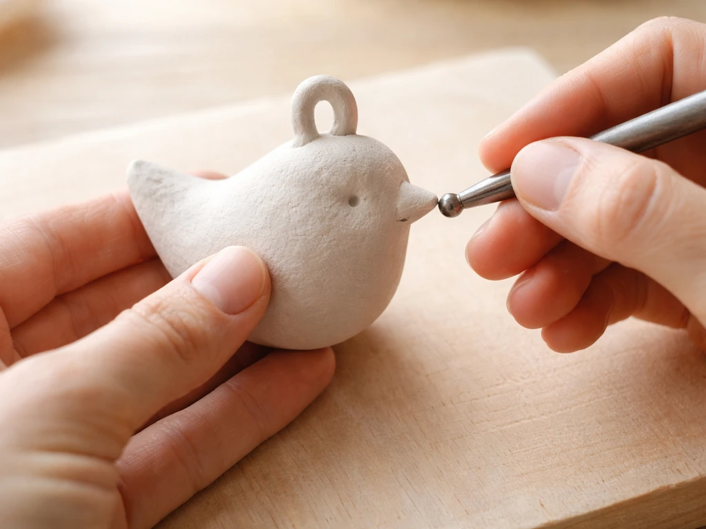 Hands shaping an air-dry clay bird ornament on a wooden table, smoothing with a small tool and adding a loop.